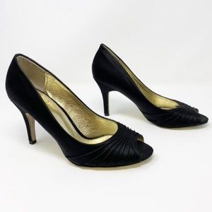 Adrianna Papell black satin peep toe heels